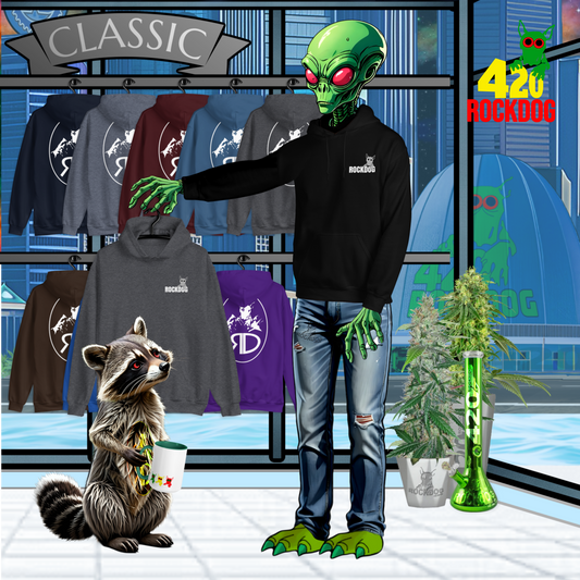 ROCKDOG420 Classic Hoodie – alien and raccoon in store, cycling streetwear lifestyle NewDriveCity
