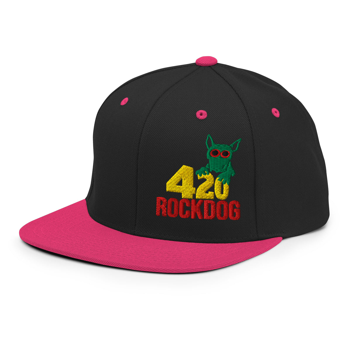 ROCKDOG420 Crew Cap Snapback black neon pink left front – embroidered logo, Premium Bicycle Brand Germany
