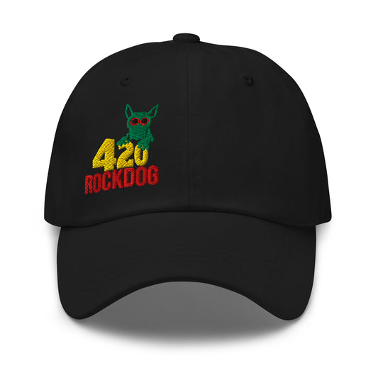 ROCKDOG420 Crew Dad Hat black front – embroidered 420 ROCKDOG logo, MTB cycling cap Neufahrn Bavaria
