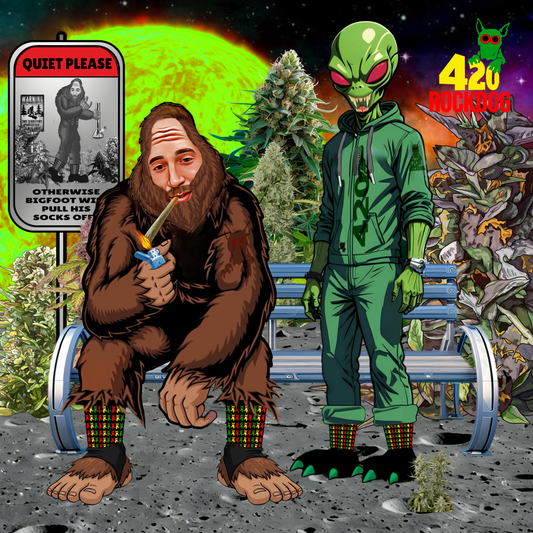ROCKDOG420 Rastadog Socks – Bigfoot & alien on the moon, ROCKDOG420 Comic Universe kult merch Neufahrn Bavaria
