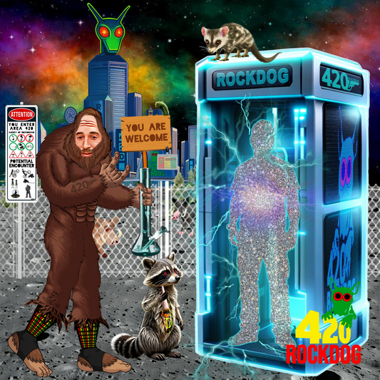 ROCKDOG420 TIMETRAVEL Gift Card – Bigfoot & ROCKOON in Area 420, NewDriveCity Comic Universe kult merch
